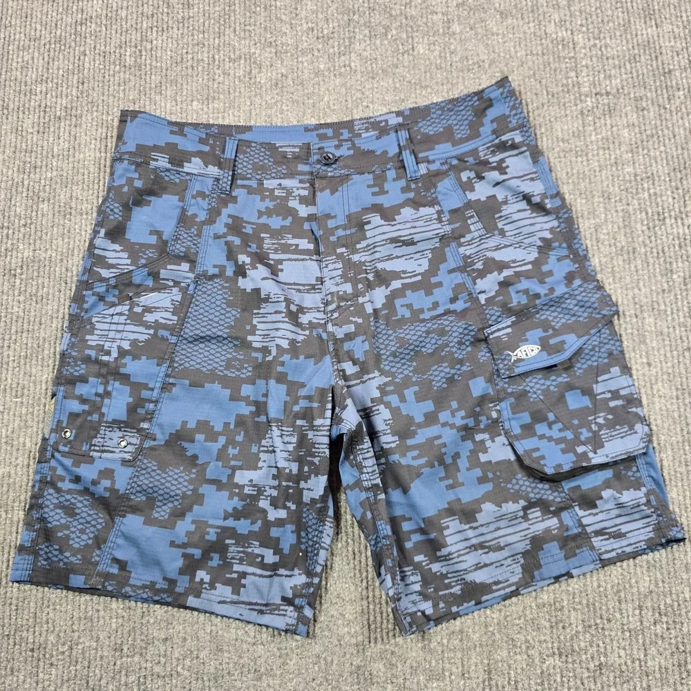 AFTCO Cargo Shorts Mens 38 Blue Camo Microfiber Stretch Fishing Outdoor Summer